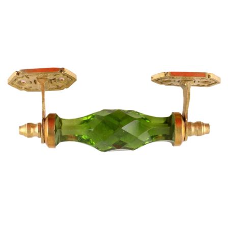 Smokey Green Cut Glass Door Handle in Golden Fitting